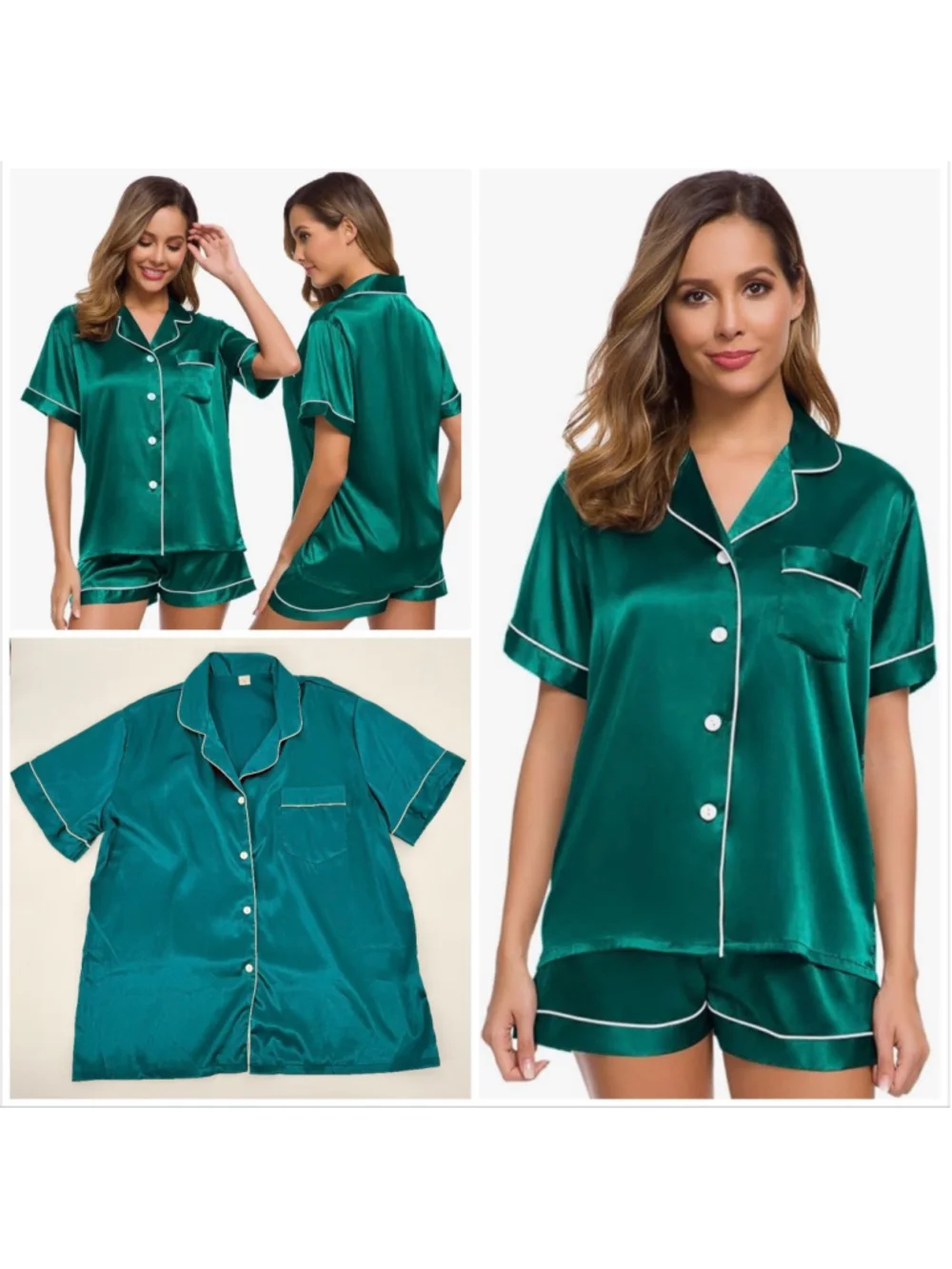 Swomog Teal Green & White Satin Pajama Set L Button Down Short Sleeve